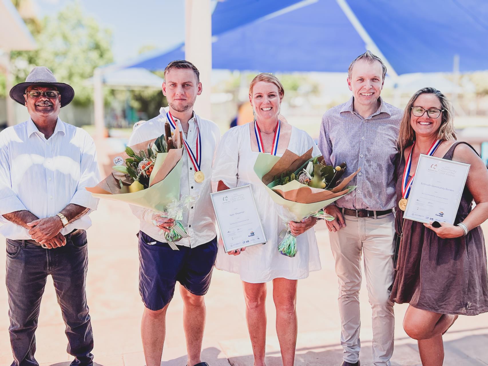 COTY Auspire awardees with local members [left to right] Kevin Michel MLA, Hugo Langele, Kylie Showman, Peter Foster MLC & Exmouth Community Gardens